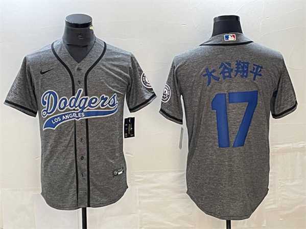 Mens Los Angeles Dodgers #17 Shohei Ohtani Gray Cool Base With Patch Stitched Baseball Jersey->los angeles dodgers->MLB Jersey